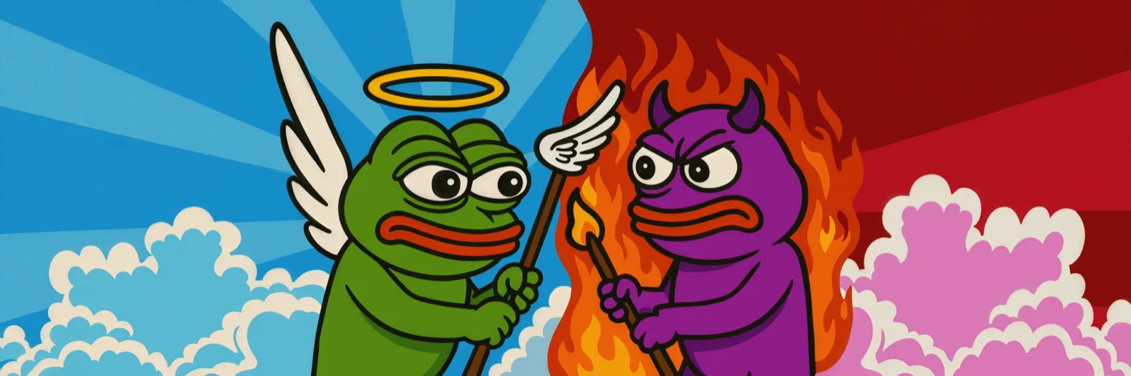 DIVINE's two bots face to face: an angel on a blue sky, a devil in flames