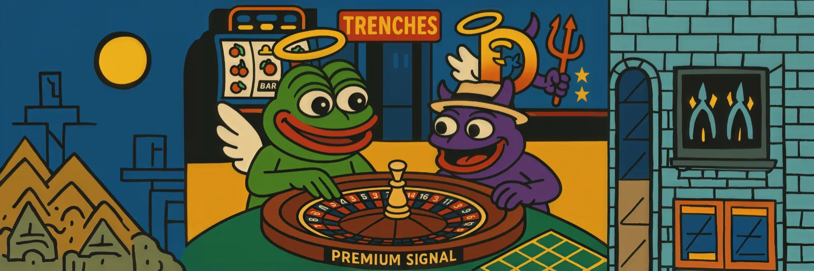 An angel and a devil spin a roulette wheel marked Premium Signal